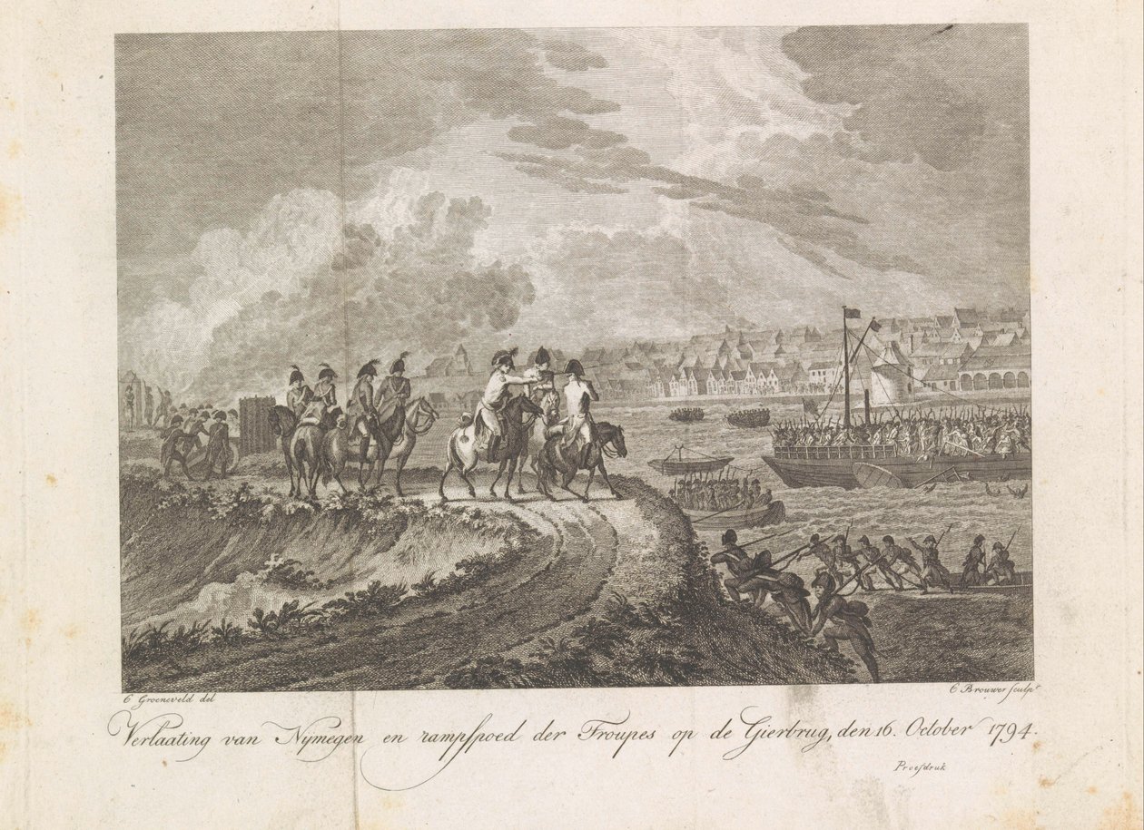 Franska beskjuter de flyende trupperna på Gierbrug, 1794 Övergivande av Nymegen och Katastrof för trupperna på Vulture Bridge, 16 oktober 1794 (titel på objekt) av Cornelis Brouwer