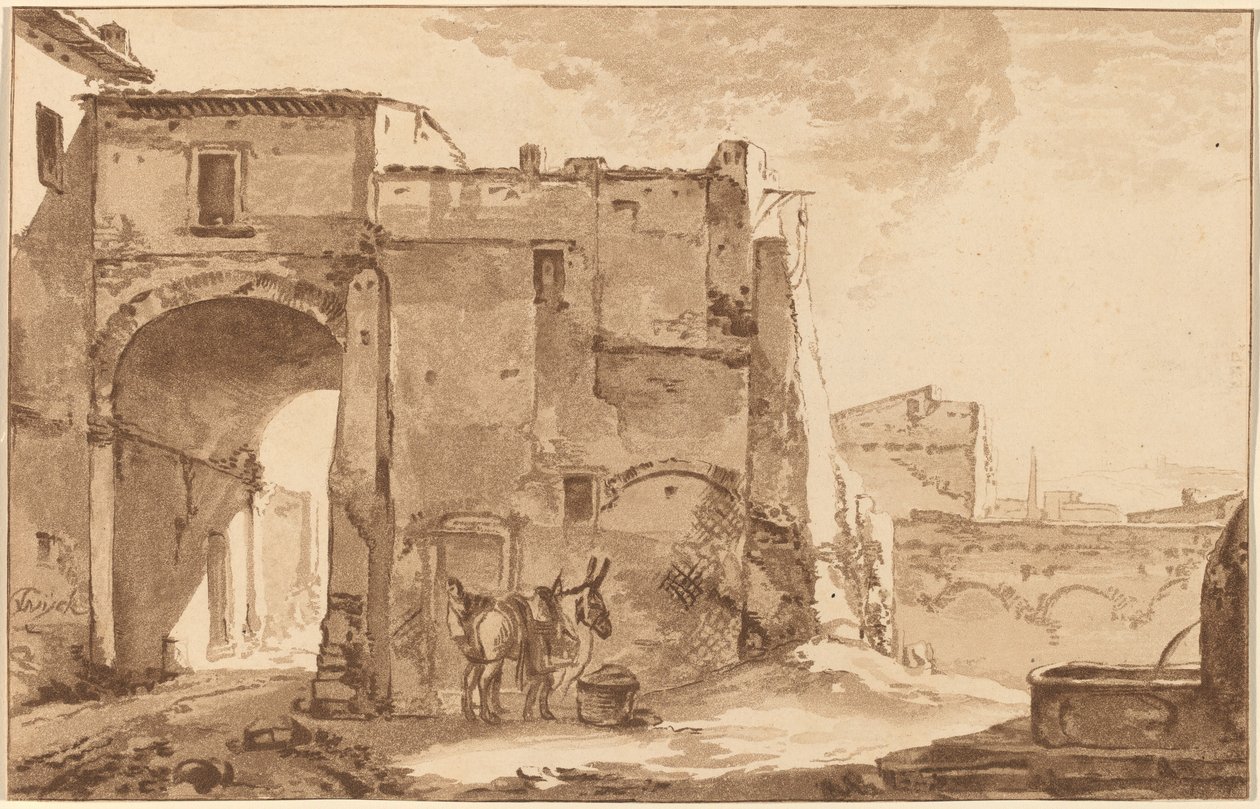 Gateway with Traveler and Mule, 1781, publicerad 1782. av Cornelis Brouwer