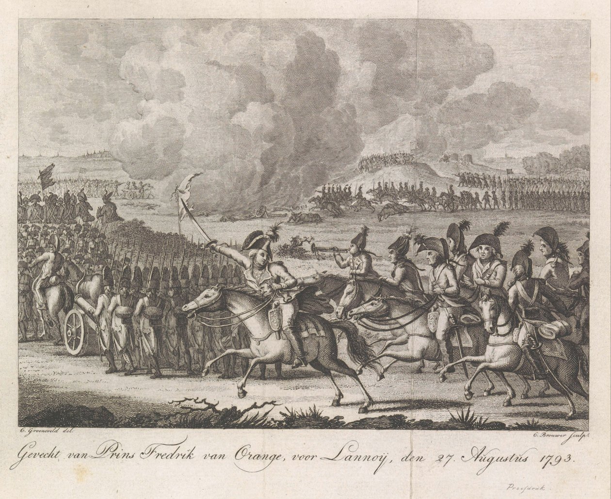 Prins William George Frederik vid slaget vid Lannoy, 1793 Slaget vid Prins Fredrik av Orange, före Lannoy, 27 augusti 1793 (titel på objekt) av Cornelis Brouwer