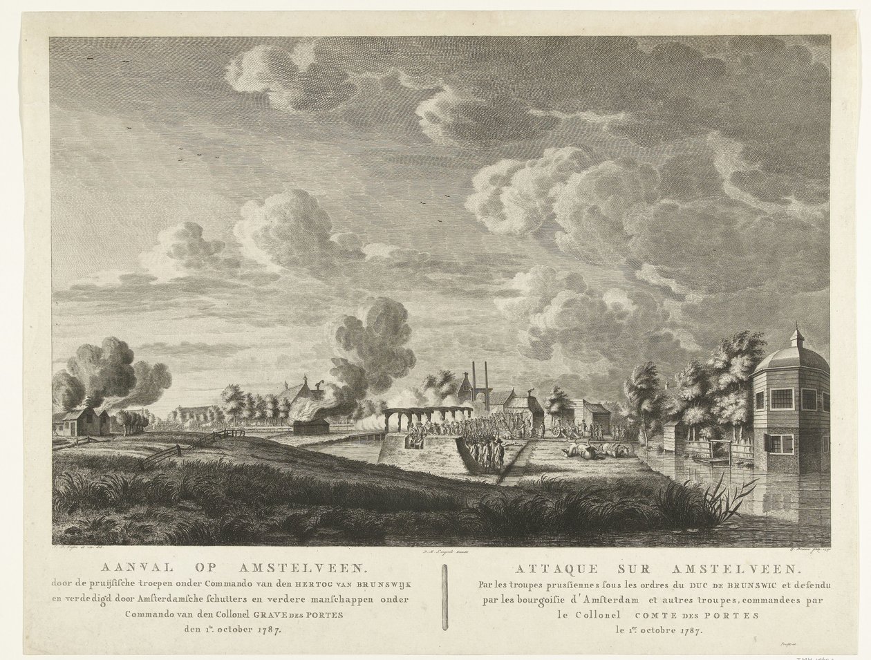 Preussiska trupper attackerar Amstelveen som försvaras av Amsterdams milismän den 1 oktober 1787 Attack på Amstelveen ... den 1 oktober 1787 (titel på objekt) Attaque sur Amstelveen ... le 1er. Oktober 1787 (titel på objekt) av Cornelis Brouwer