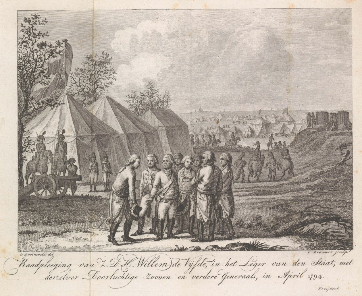 William V med sina söner i armélägret, 1794 Samråd med Z.D.H. William den femte, i statens armé, med sina fridfulla söner och andra generaler, i april 1794 (titel på objekt) av Cornelis Brouwer