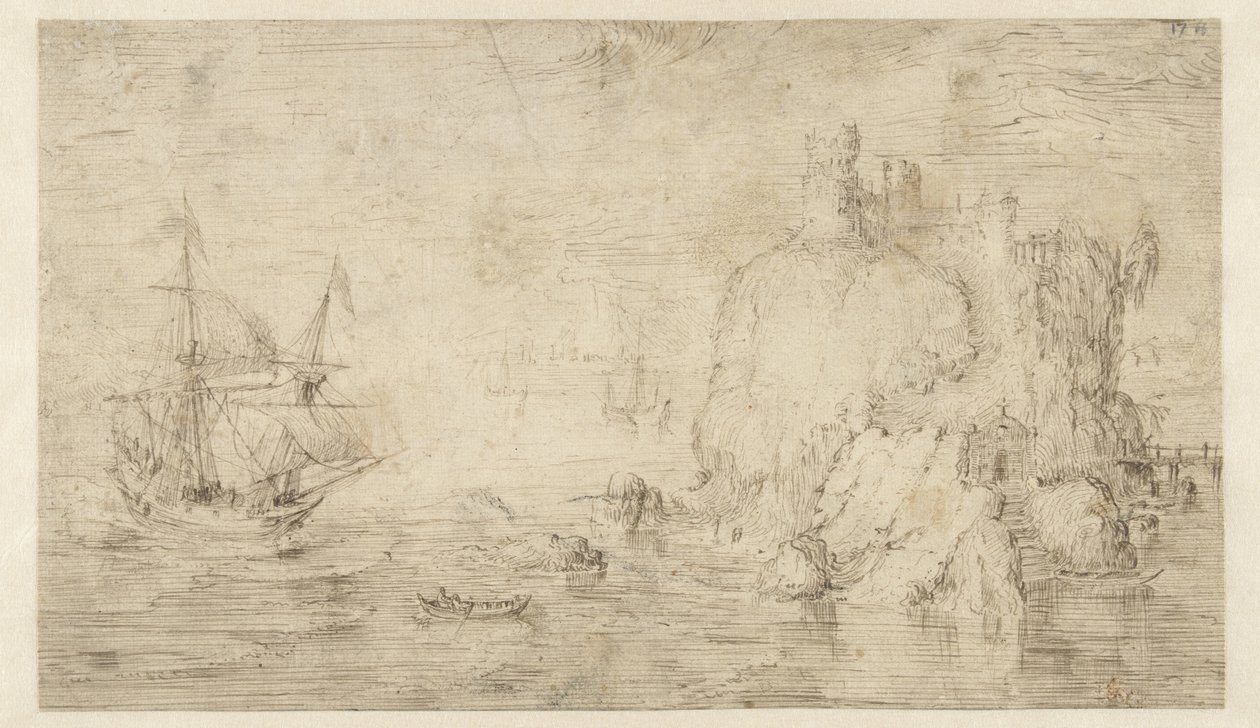 Seascape med ett skepp nära en ö av Cornelis Claesz van Wieringen (attributed to)