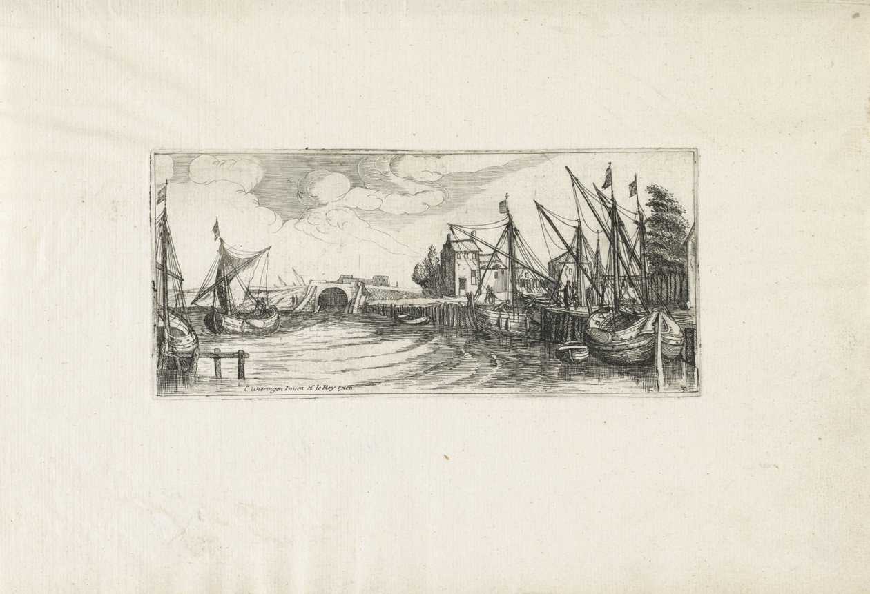 Utsikt över en hamn med sluss Landskap (serietitel) av Cornelis Claesz van Wieringen (possibly)