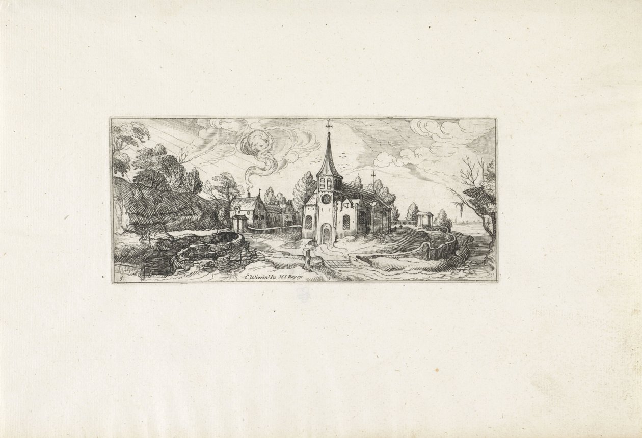 Landskap med utsikt över en kyrka i en by Landskap (serietitel) av Cornelis Claesz van Wieringen (possibly)