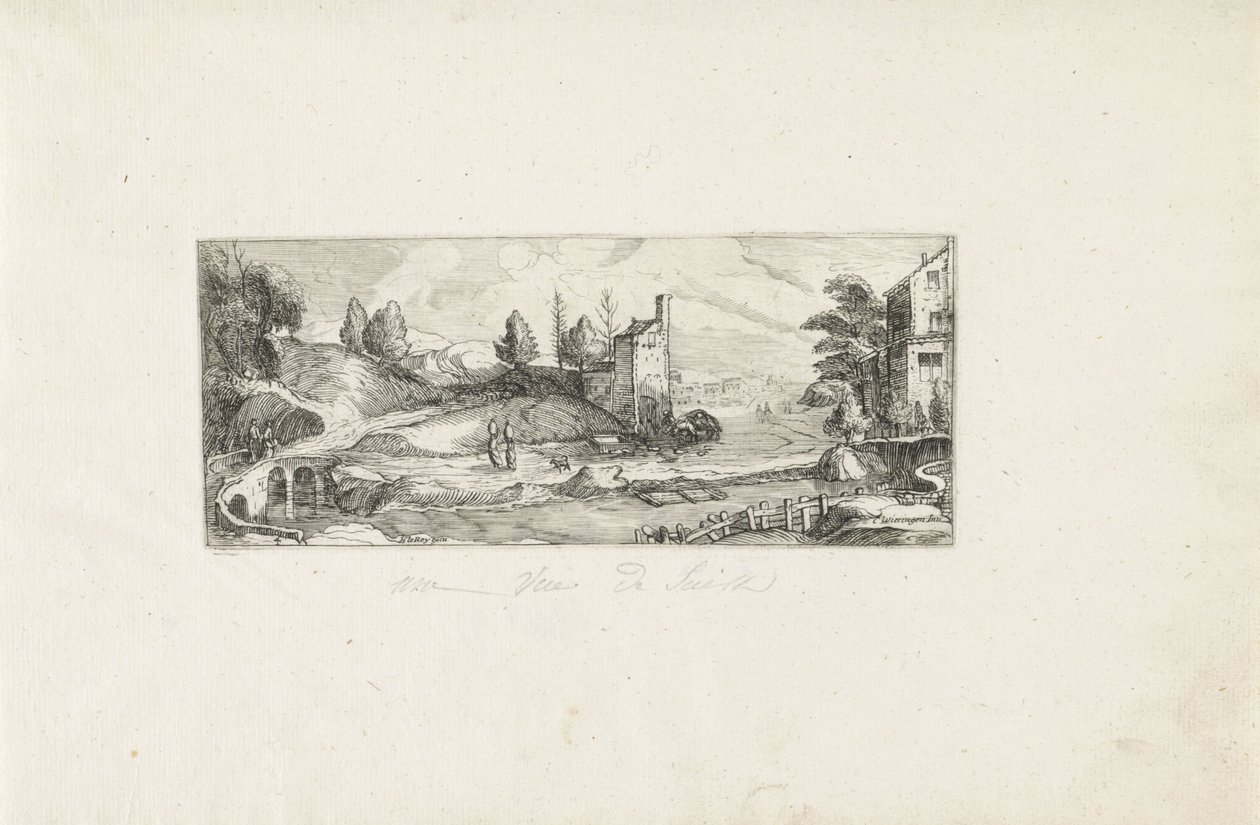 Flodlandskap med två kvinnor på en bro Landskap (serietitel) av Cornelis Claesz van Wieringen (possibly)