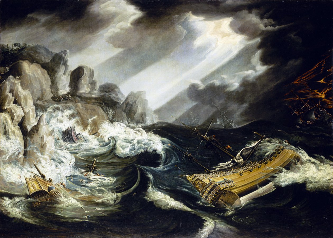Förlisningen av fartyget "Amsterdam", två fartyg som krockar med klippor på öppet hav under en storm av Cornelis Claesz  van Wieringen