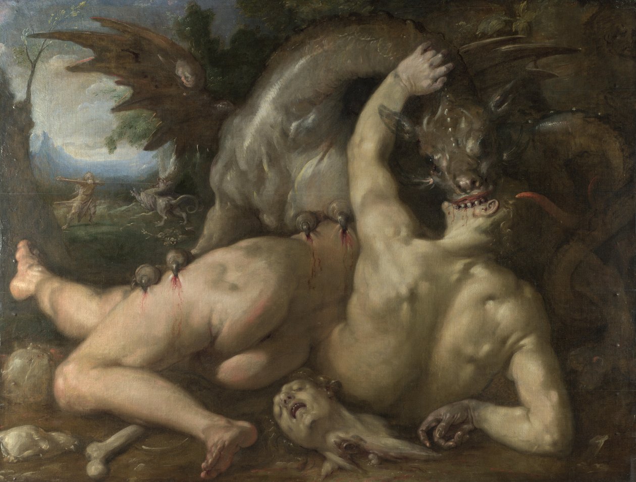 Två anhängare av Cadmus slukade av en drake, 1588 av Cornelis Cornelisz. Haarlem van
