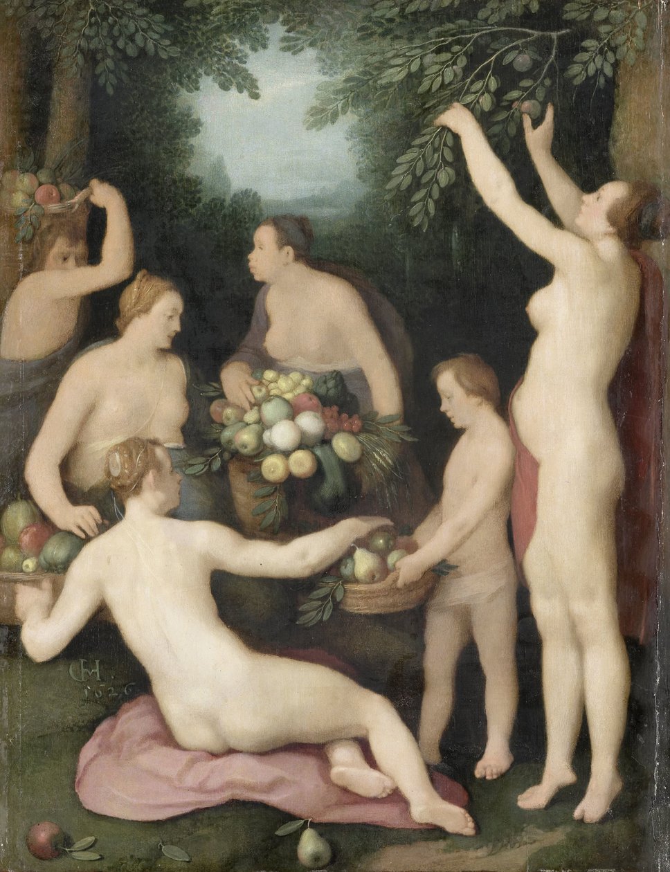 Pomona tar emot skörden av frukt av Cornelis Cornelisz. van Haarlem