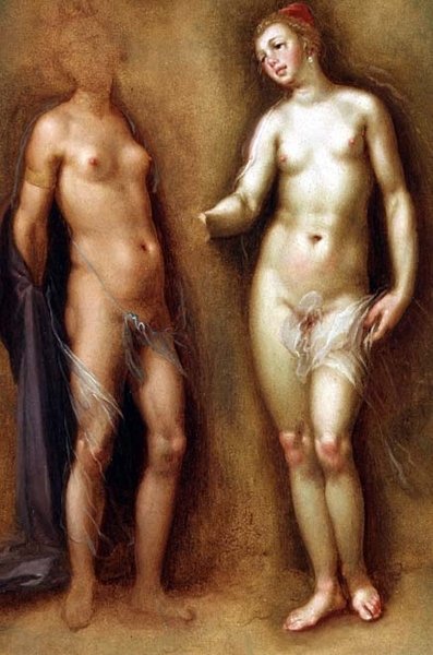 Studie av två kvinnliga nakenbilder av Cornelis Cornelisz van Haarlem