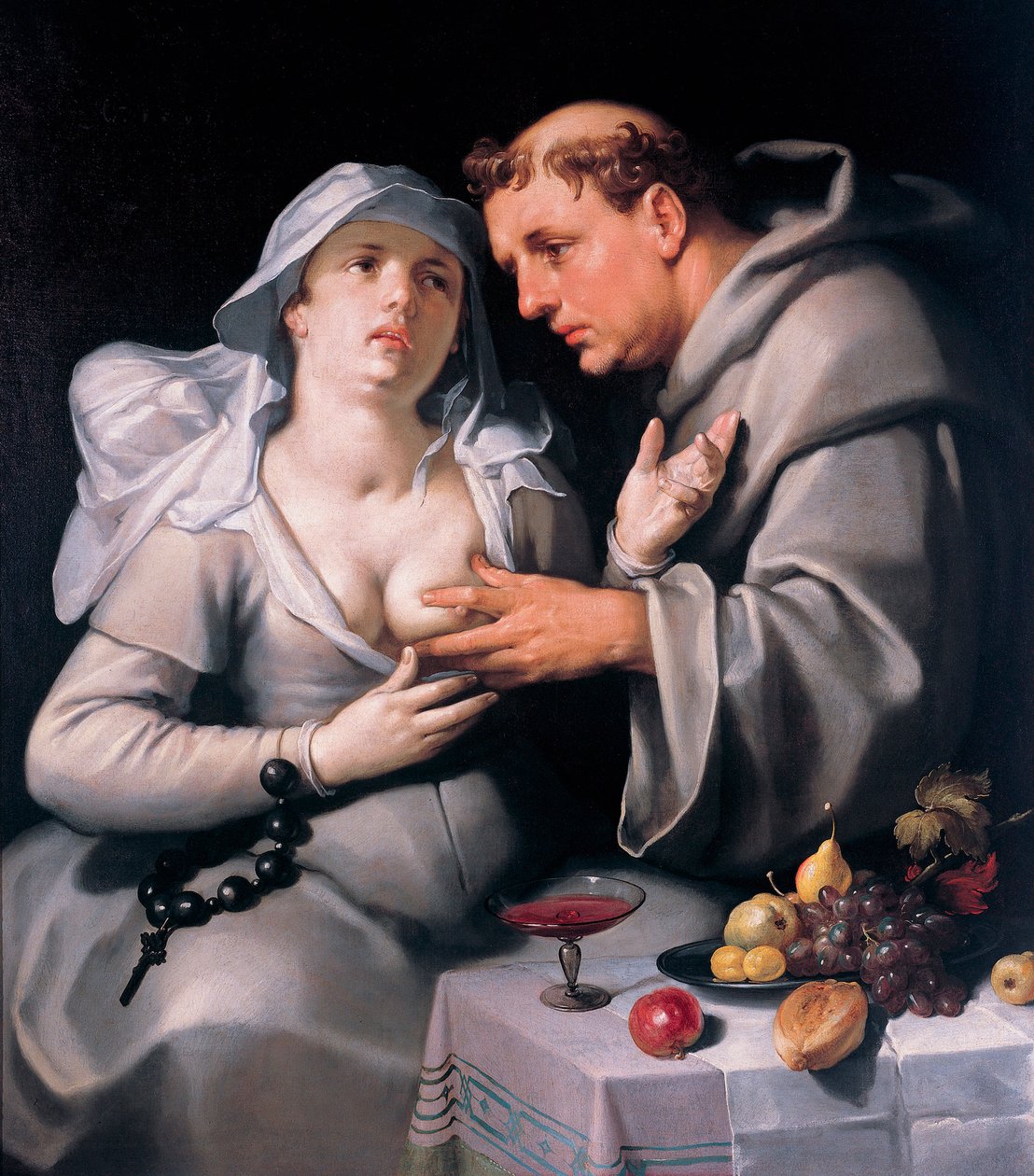 ""En munk och en nunna" (En munk och en nunna) Munken stryker nunnans bröst - Målning av Cornelis Cornelisz van Haarlem (1562-1638) av Cornelis Cornelisz. van Haarlem