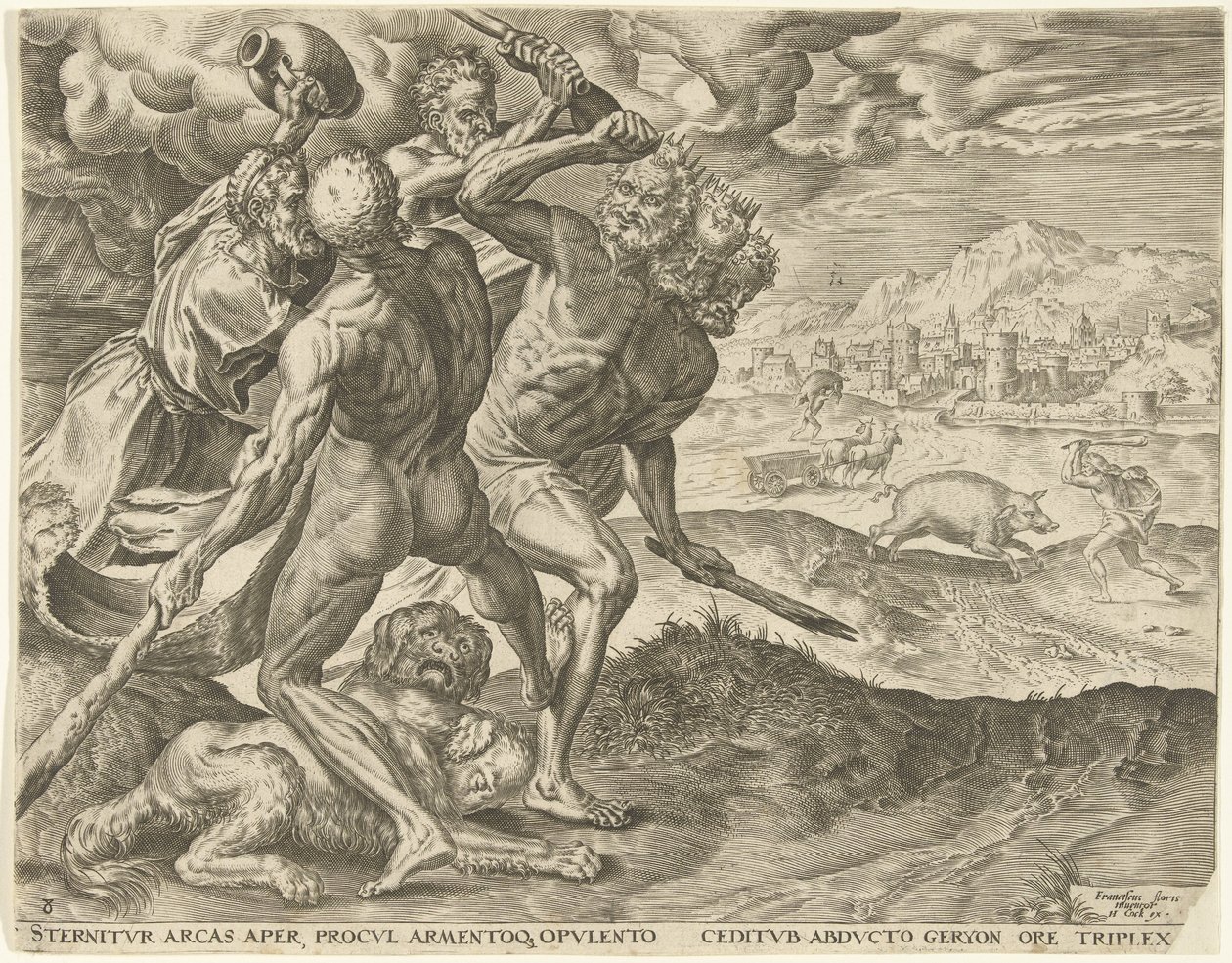 Hercules dödar Geryon och hans hund Labours of Hercules (serietitel) av Cornelis Cort