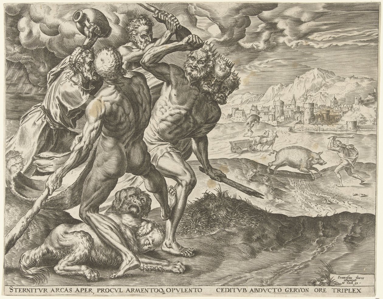 Hercules dödar Geryon och hans hund Labours of Hercules (serietitel) av Cornelis Cort