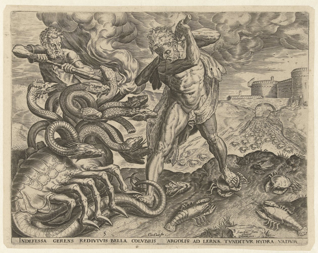 Herkules övervinner Lernas hydra Labours of Hercules (serietitel) av Cornelis Cort