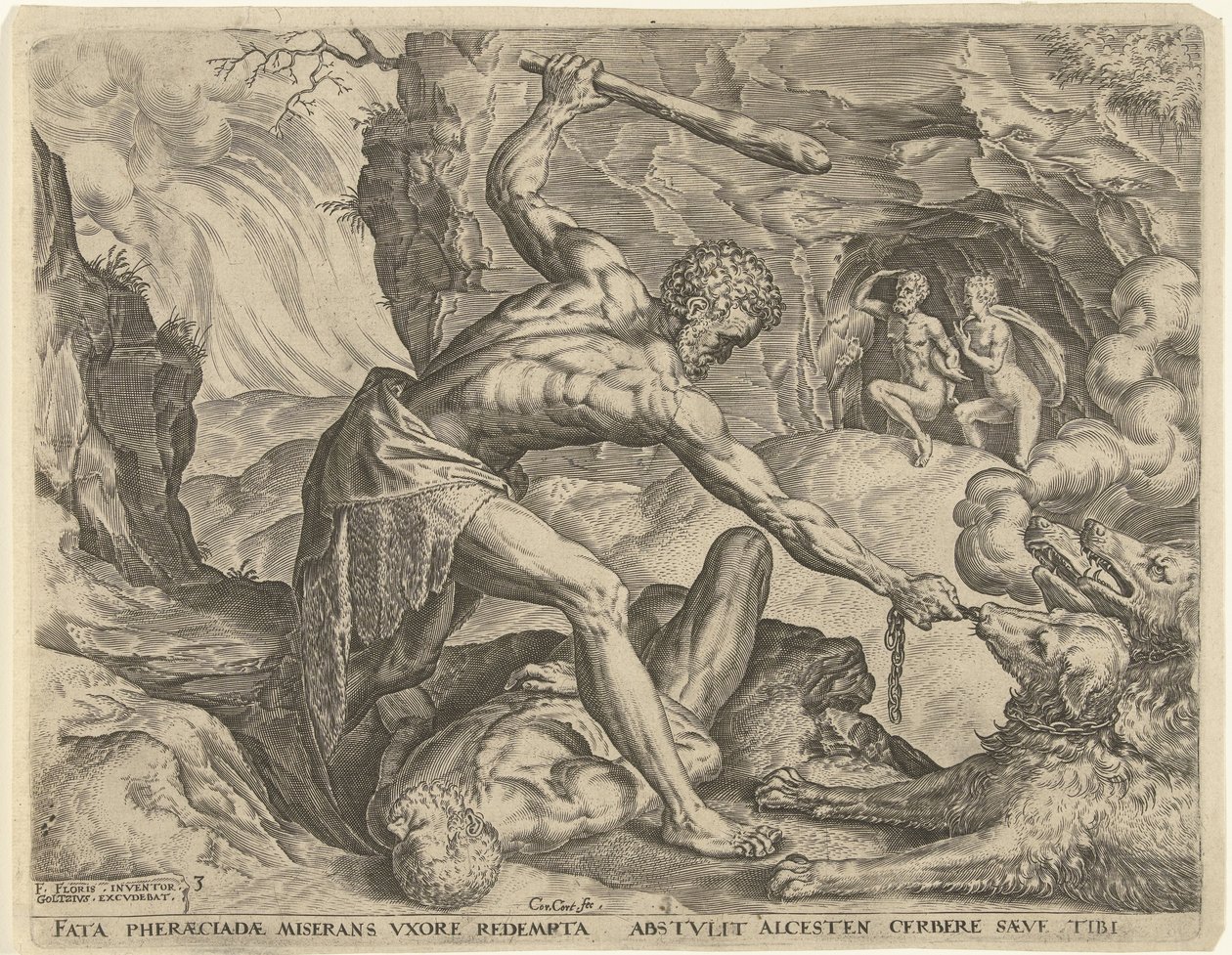 Herkules drar Cerberus ut ur helvetet Labours of Hercules (serietitel) av Cornelis Cort