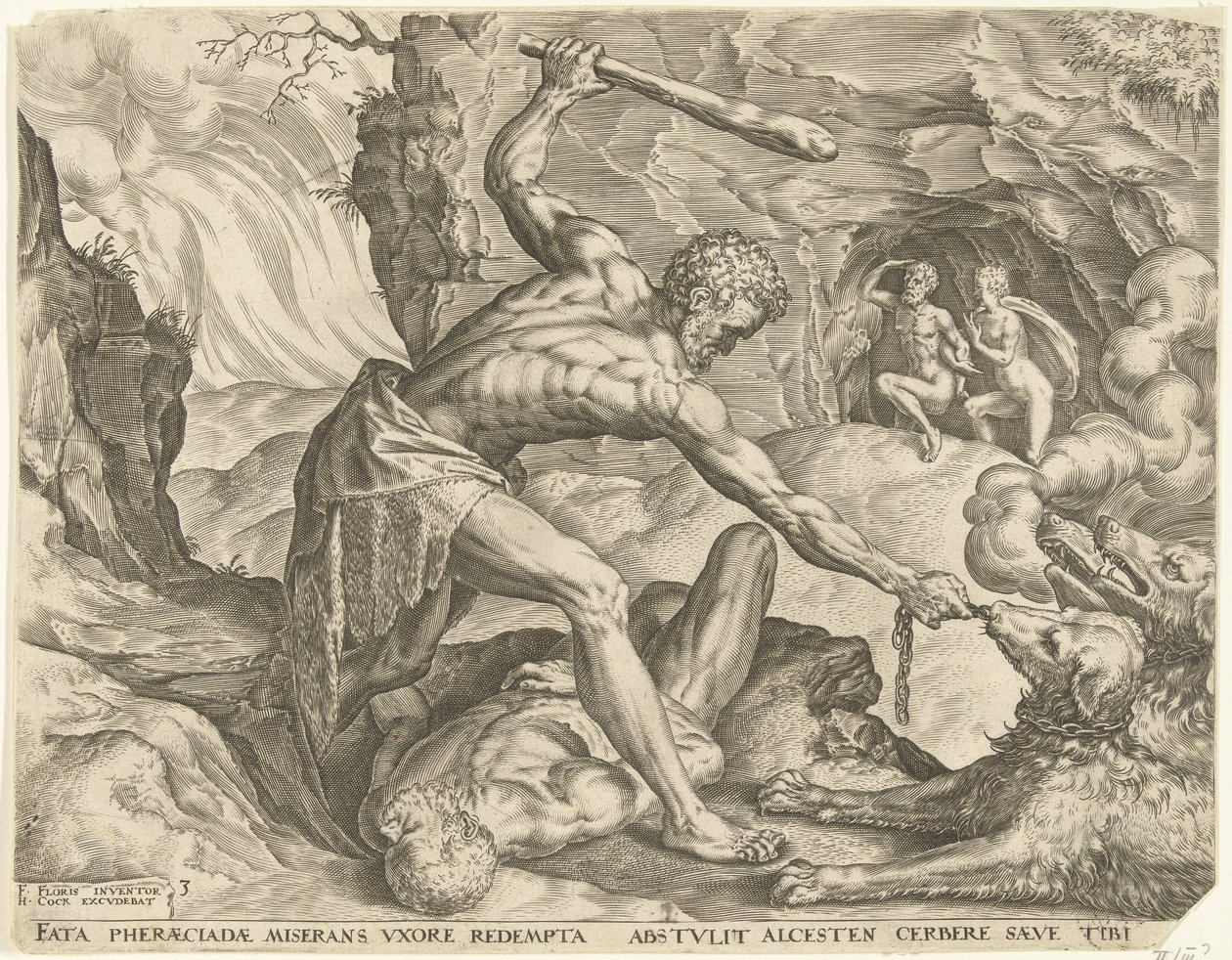 Herkules drar Cerberus ut ur helvetet Labours of Hercules (serietitel) av Cornelis Cort