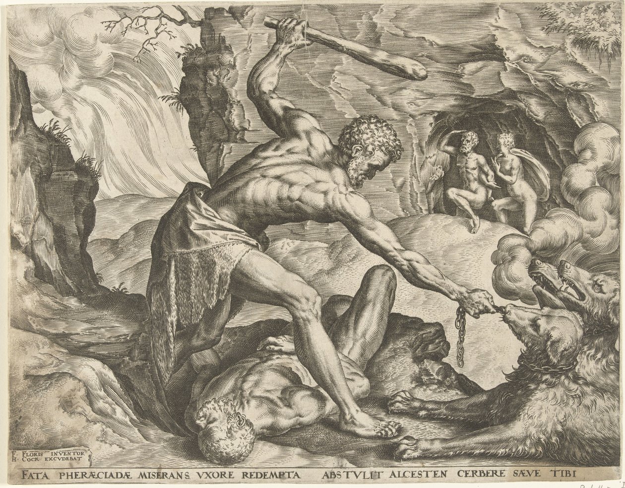 Herkules drar Cerberus ut ur helvetet Labours of Hercules (serietitel) av Cornelis Cort