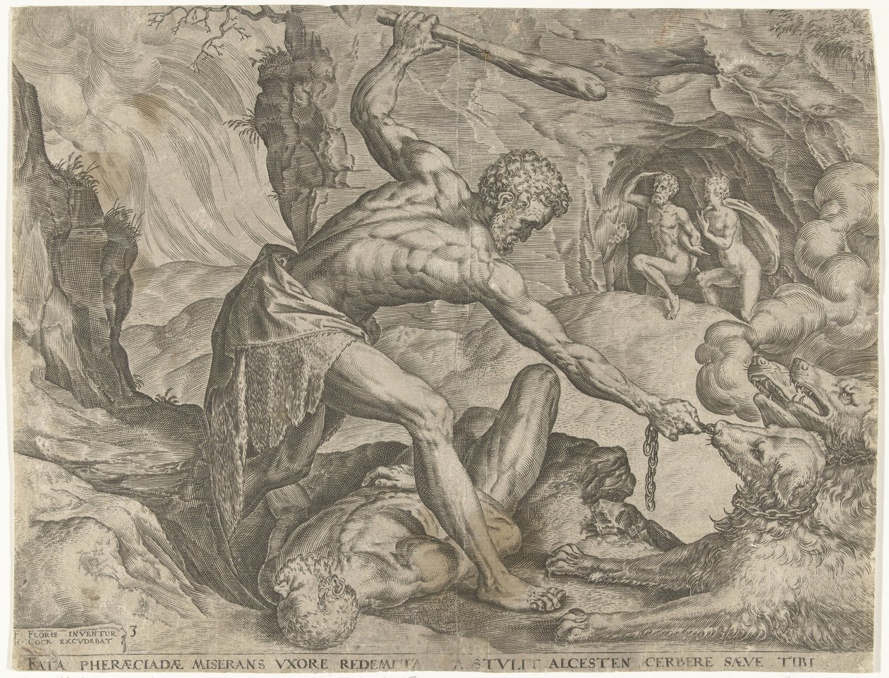 Herkules drar Cerberus ut ur helvetet Labours of Hercules (serietitel) av Cornelis Cort