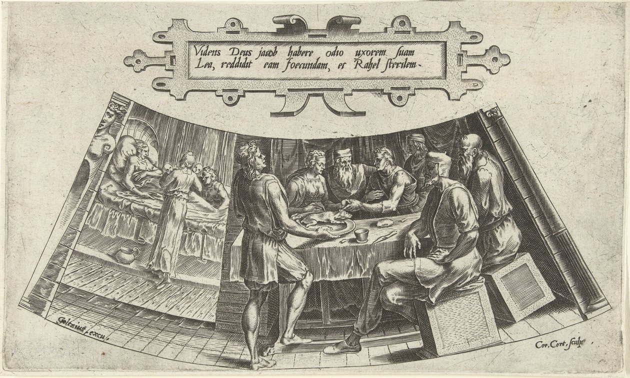 Jakobs och Leas äktenskap och födelsen av deras första barn The History of Jacob (serietitel) av Cornelis Cort