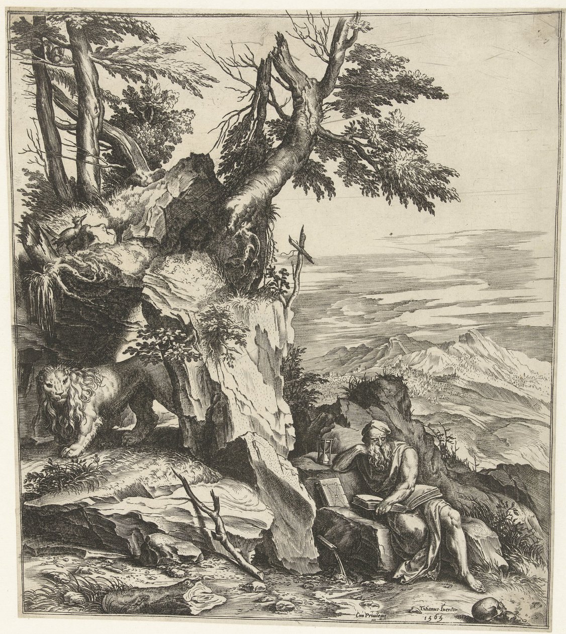 Landskap med läsning Hieronymus av Cornelis Cort