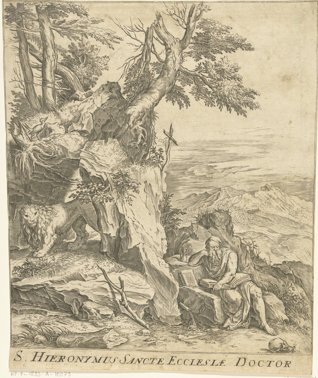 Landskap med läsning Hieronymus av Cornelis Cort
