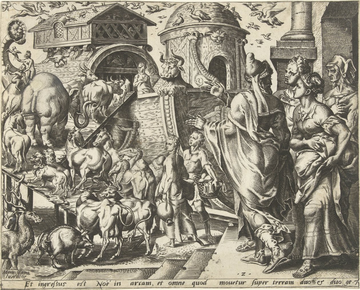 Noa går ombord på arken med sin familj och djuren The History of Noah (serietitel) av Cornelis Cort