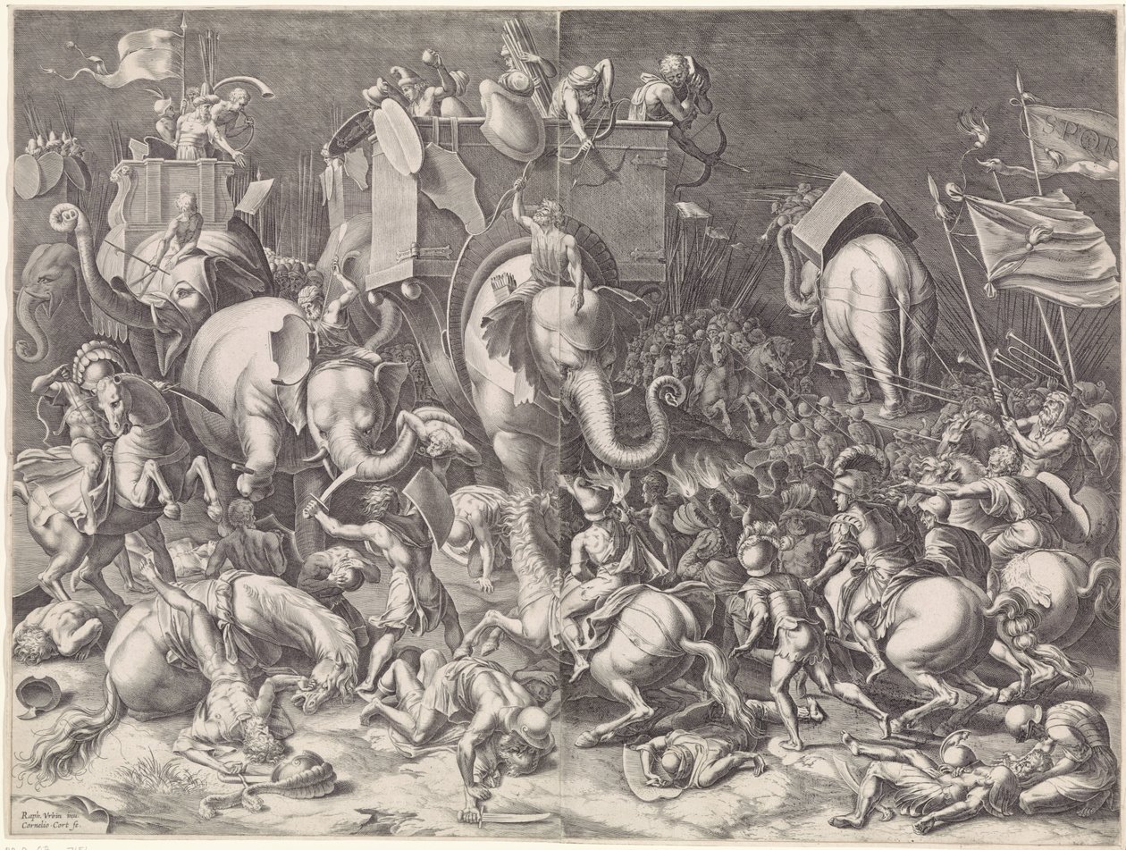 Slaget vid Zama mellan Scipio och Hannibal, på natten av Cornelis Cort