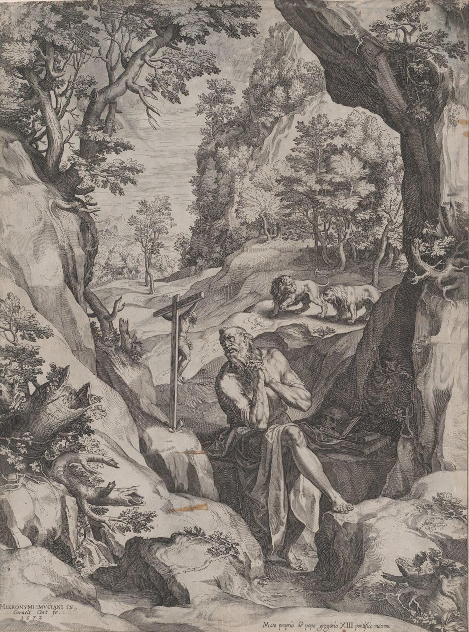 St Jerome Penitent i vildmarken, 1573. av Cornelis Cort
