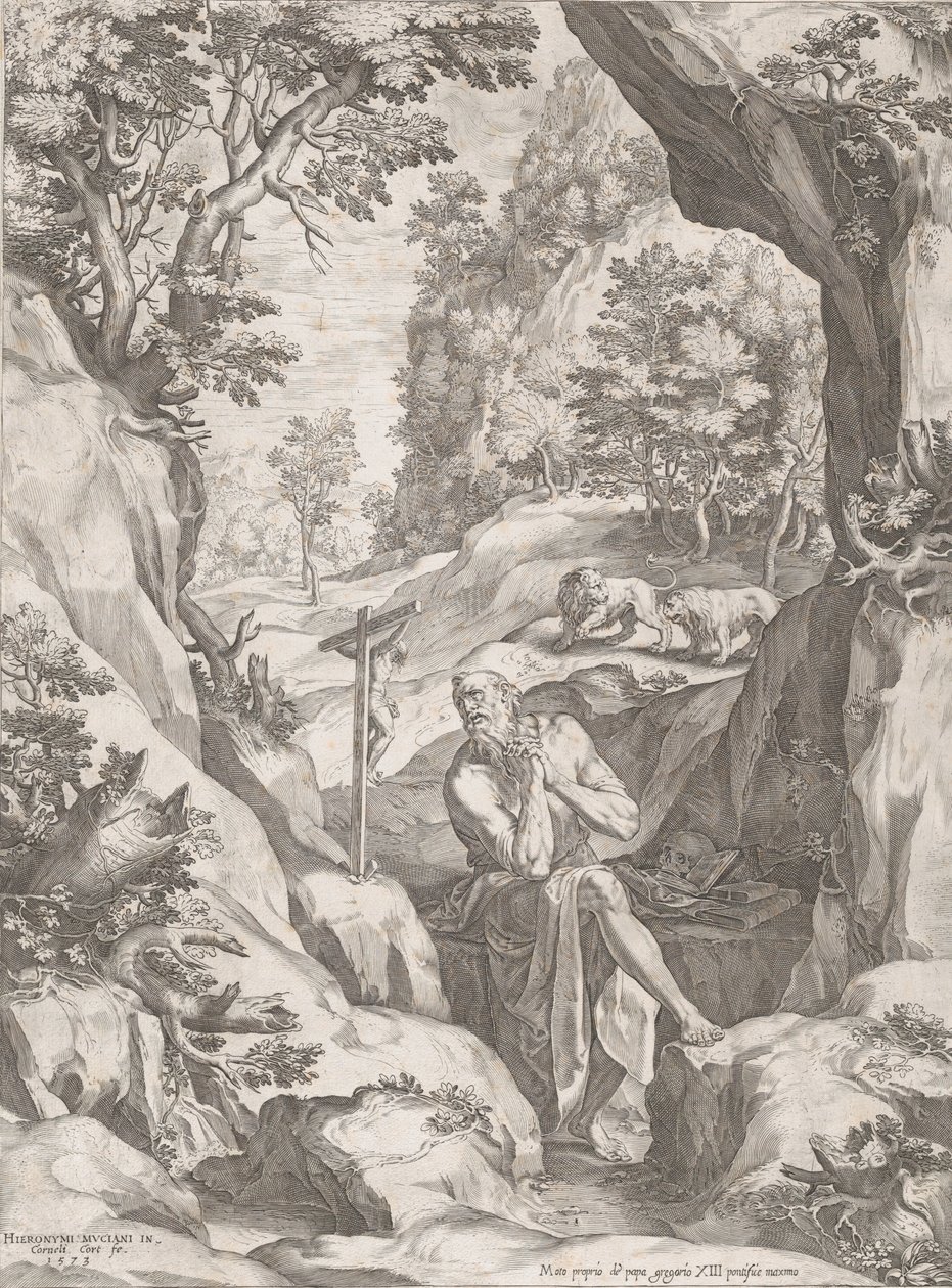 St Jerome Penitent i vildmarken, 1573. av Cornelis Cort