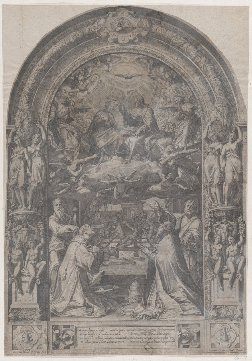 Jungfruns kröning med St Lawrence, St Paul, St Peter och St Sixtus, 1576. av Cornelis Cort