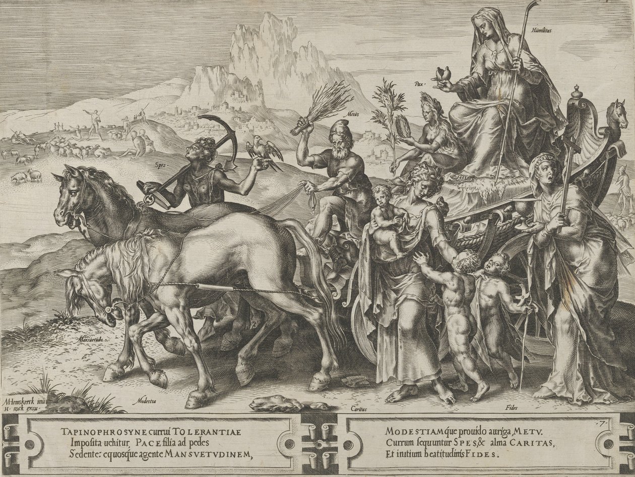 Ödmjukhetens triumf, från The Cycle of the Vicissitudes of Human Affairs, skylt 7, 1564. av Cornelis Cort
