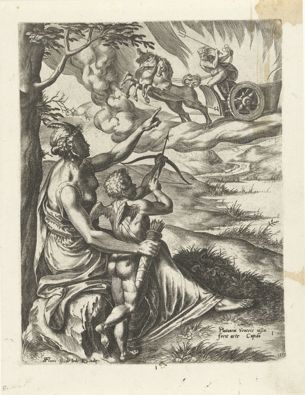 Venus beordrar Amor att genomborra Plutos hjärta med en pil The History of Pluto and Proserpina (serietitel) av Cornelis Cort