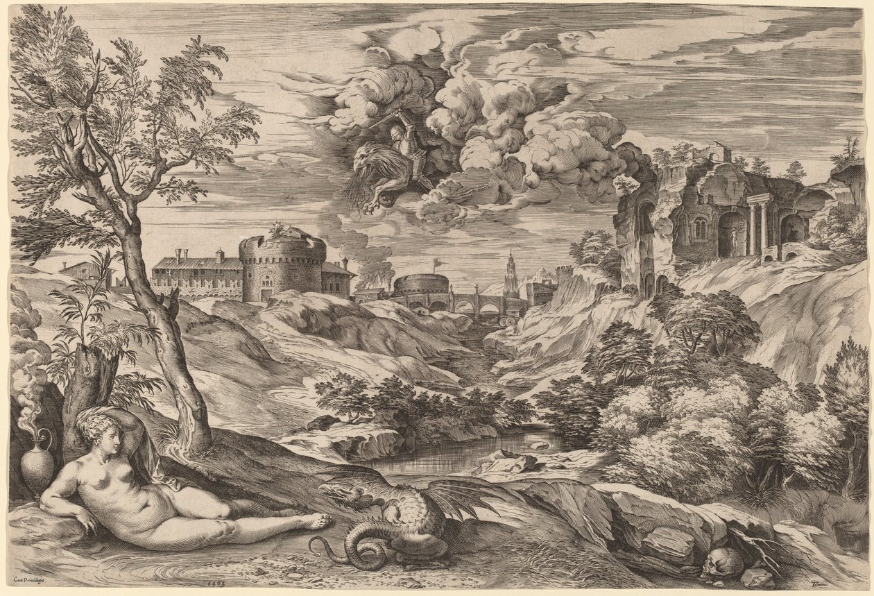Landskap med Roger Liberating Angelica av Cornelis Cort after Titian