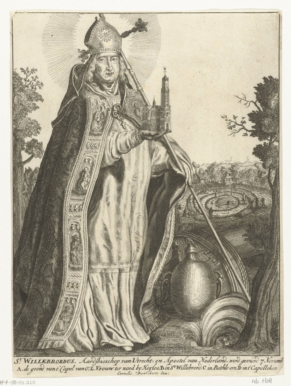 Saint Willibrord som ärkebiskop med kyrkomodell av Dom i Utrecht St. Willebrord (titel på objekt) av Cornelis Danckerts (I)