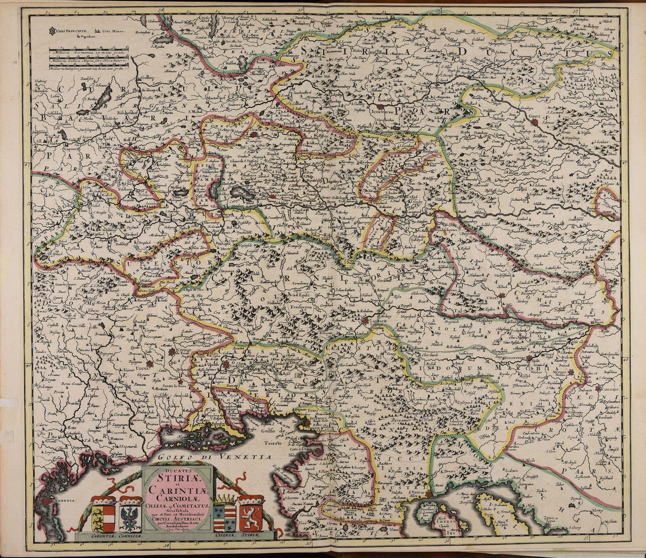 Ducatus Stiriae et Carintiae Carniolae Cilleiae que comitatus nova tabula que et pars est meridionalior circuli Austriaci av Cornelis Danckerts