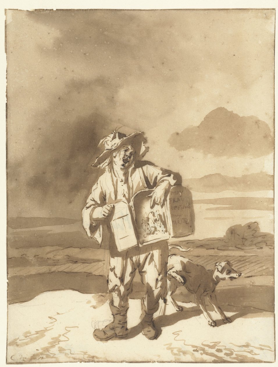 En ung man med en Peep Show och en hund Pojke med utsiktslåda och hund, ca 1700 av Cornelis Dusart