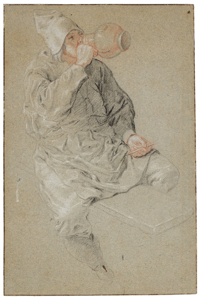 En sittande man dricker ur ett kärl i lergods och håller i en pipa (krita på papper) av Cornelis Dusart