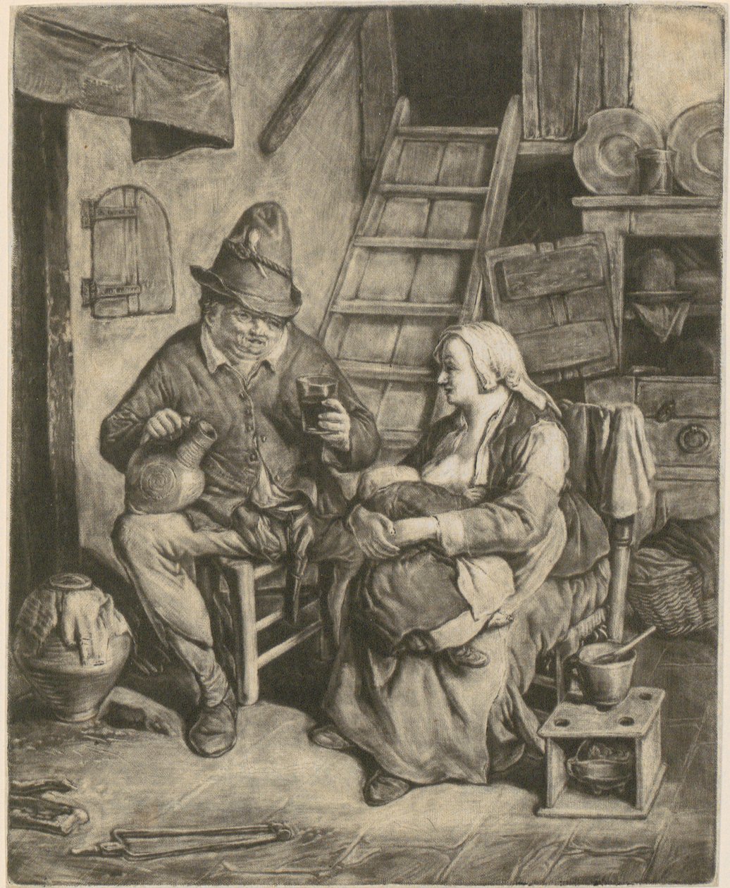 En bonde i ett lanthus, bredvid honom en kvinna som ammar av Cornelis Dusart