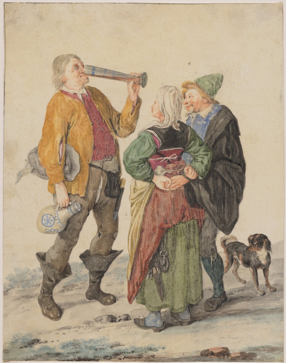 Drickande man observerad av ett par och en hund av Cornelis Dusart