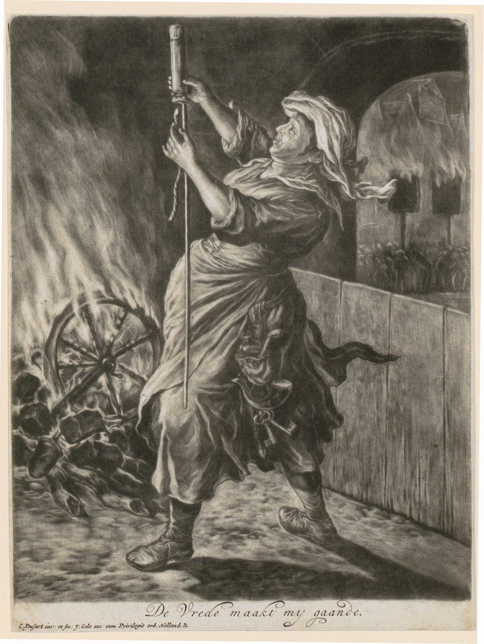 En kvinna tänder en ljusraket, blad 5 ur serien "Allmän glädje över belägringen av Namur av Vilhelm III, 1695" av Cornelis Dusart