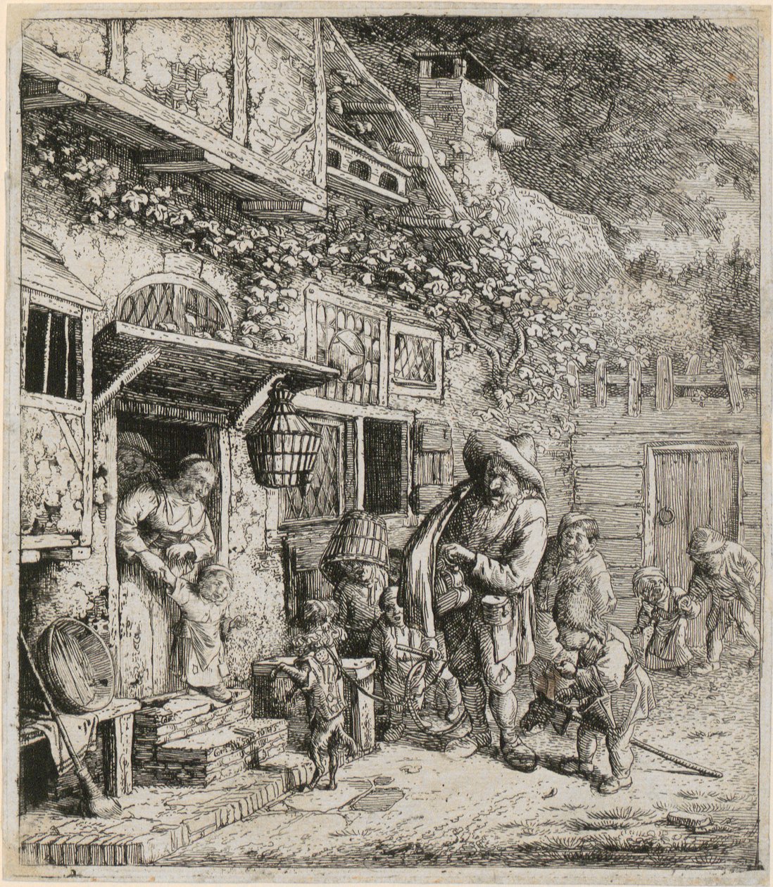 Lyrspelare med sin dansande hund av Cornelis Dusart