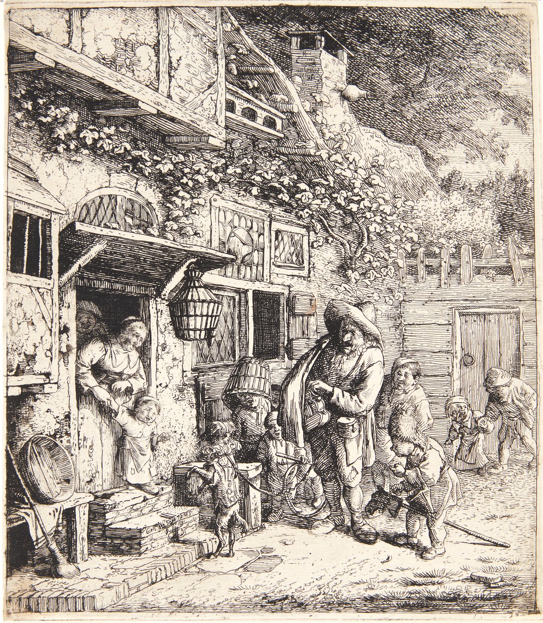En kassaman med en dansande hund av Cornelis Dusart