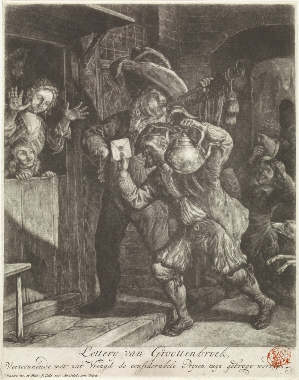 Lotteriet i Grootebroek, 1694 Lottery van Groottenbroek, Utställer med vilken glädje den omtänksamma Prysen tuys be brogt (titel på objekt) av Cornelis Dusart