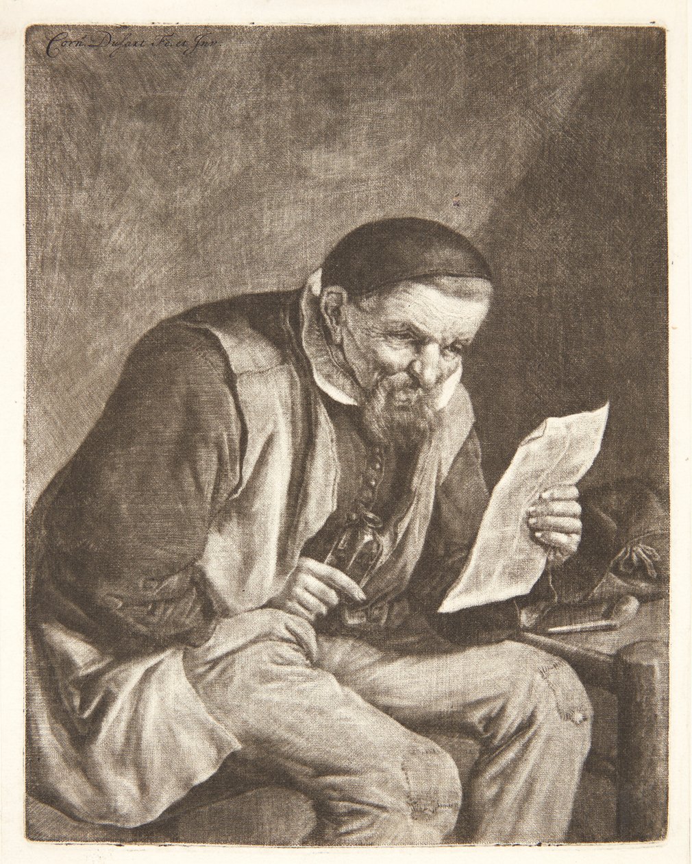 Sittande bonde som läser ett brev av Cornelis Dusart