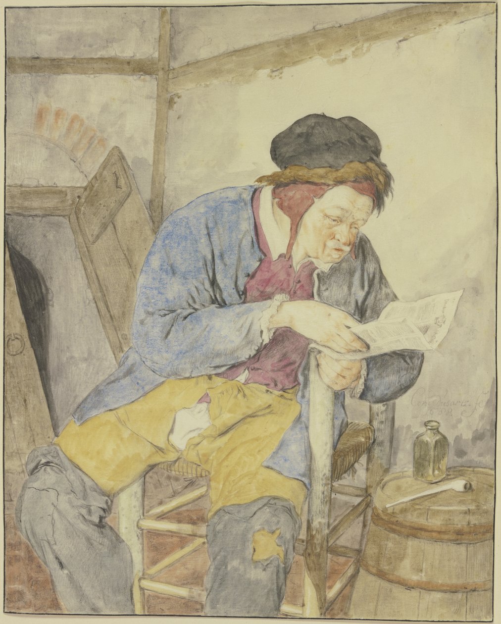 Tidningsläsare vid en tunna av Cornelis Dusart