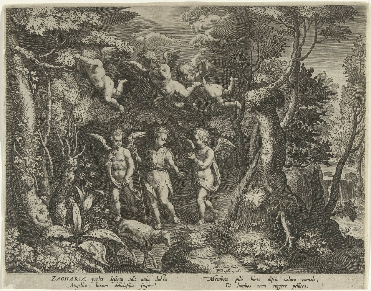 Johannes döparen åtföljs av änglar när han går ut i öknen The Life of John the Baptist (serietitel) av Cornelis Galle (I)