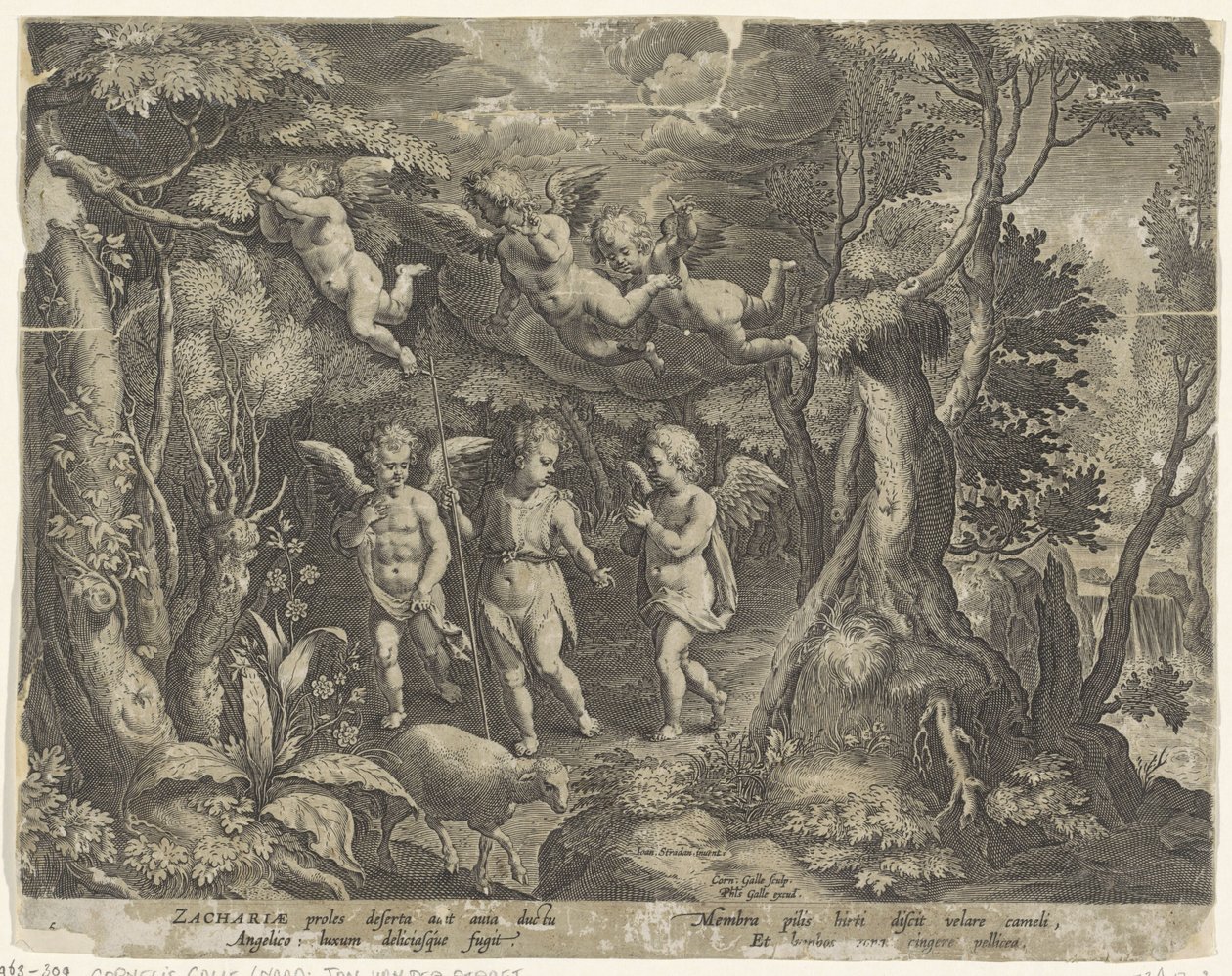Johannes döparen åtföljs av änglar när han går ut i öknen The Life of John the Baptist (serietitel) av Cornelis Galle (I)