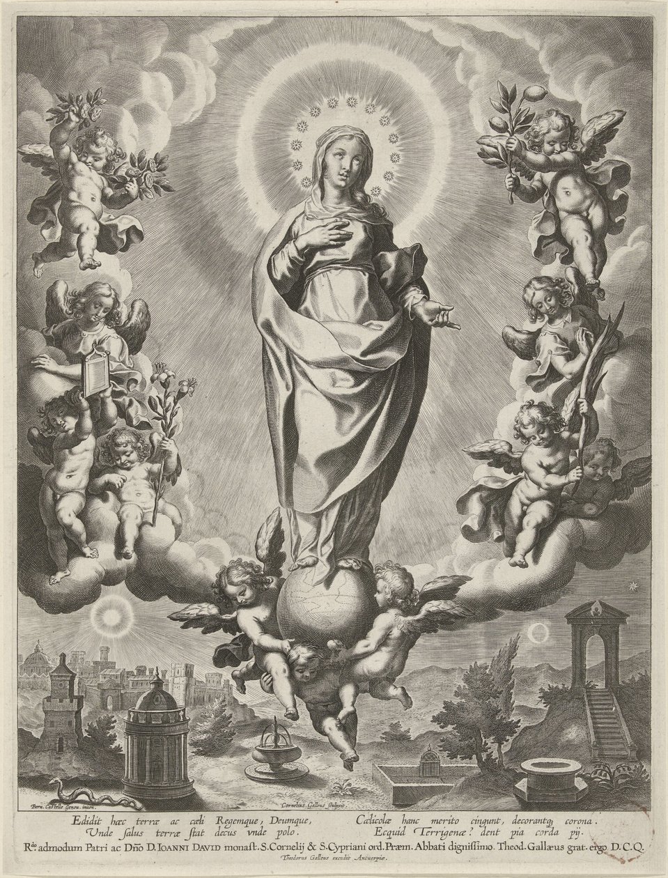 Maria på en jordglob, omgiven av änglar av Cornelis Galle (I)