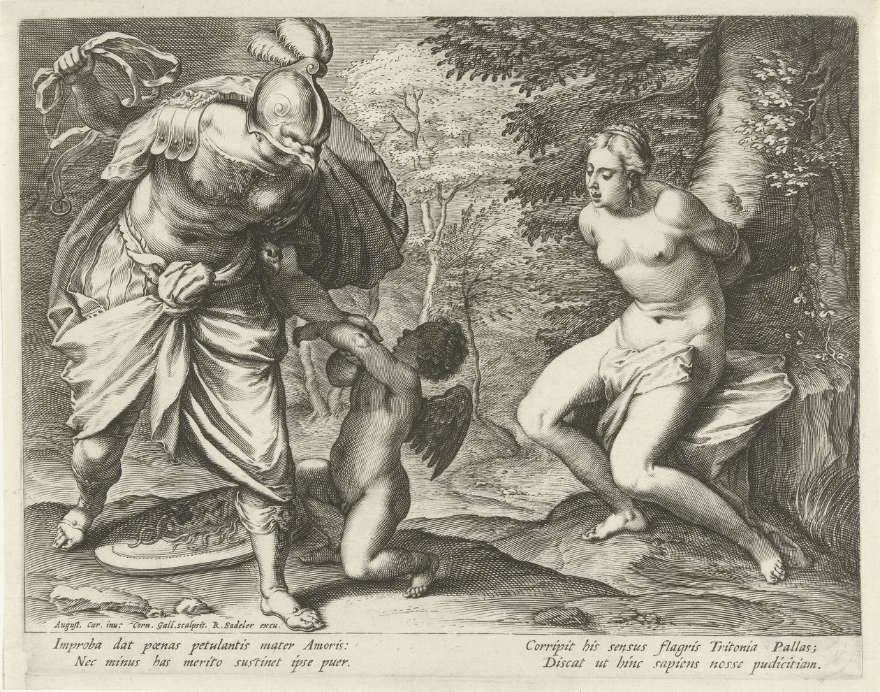 Venus knuten till ett träd och Amor straffad av Minerva av Cornelis Galle (I)