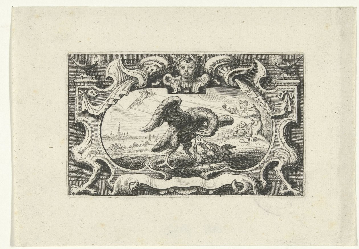 Vinjett med pelikan som matar sina ungar med sitt eget blod av Cornelis Galle (II) (attributed to)