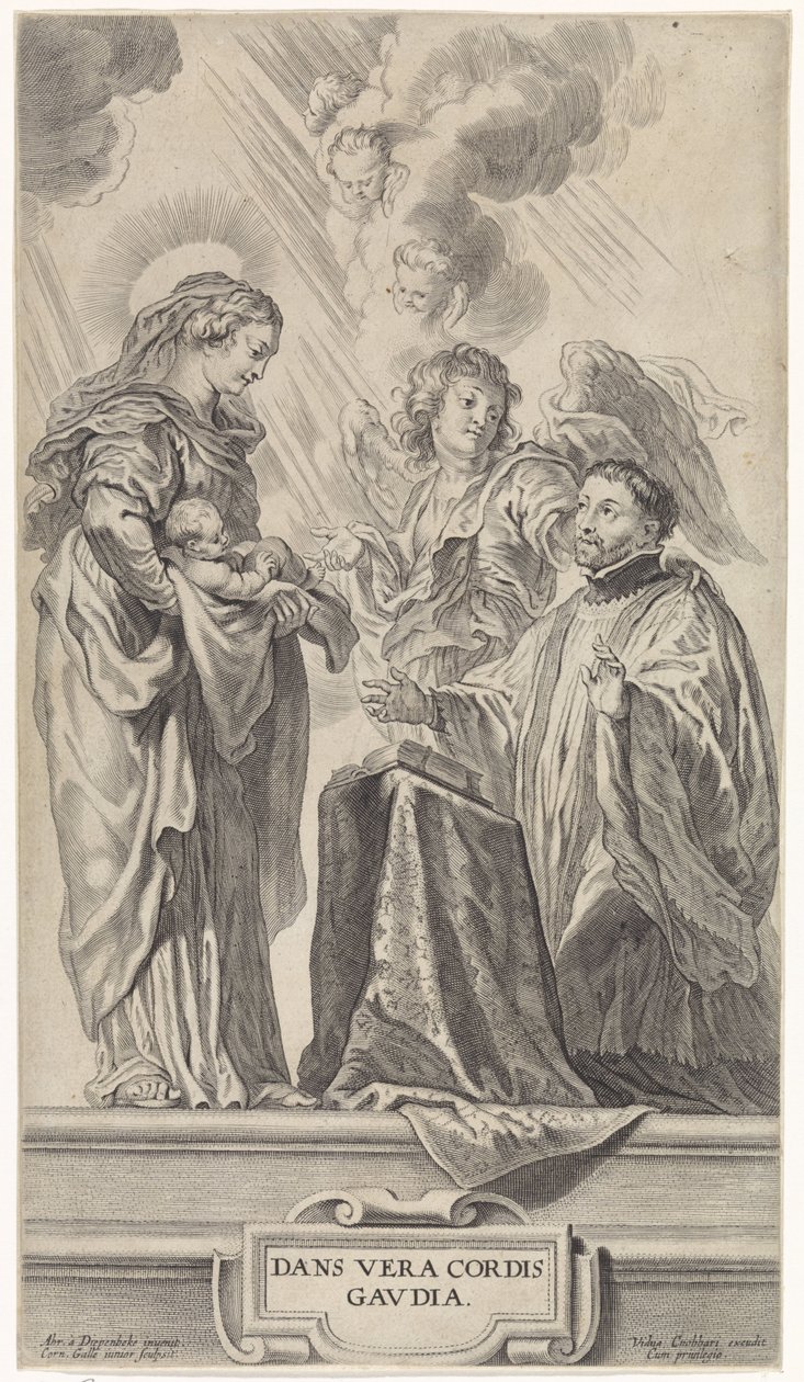 Ett okänt helgon (Ignatius av Loyola?) knäböjer framför Maria med barn av Cornelis Galle (II)